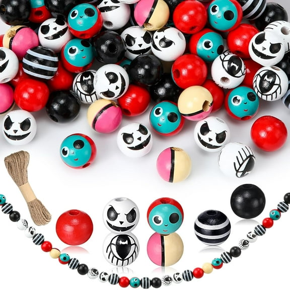 100 Pieces Wood Ghost Beads, Round Colored Beads for Bracelet, Farmhouse Wooden Spacer Beads with Twine for Crafts Jewelry Making Party Garden DIY Decor