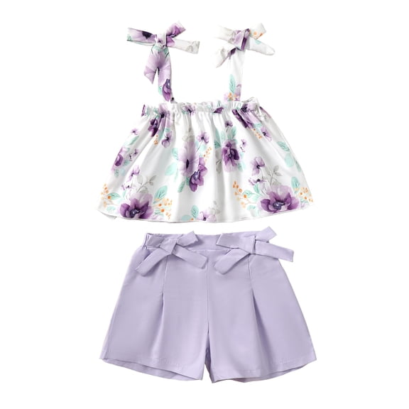 12 Months Baby Girls Clothes 18 Months Girls 2PCS Summer Outfits Set Flower Print Toddler Girls Sleeveless Top Shorts Set Purple