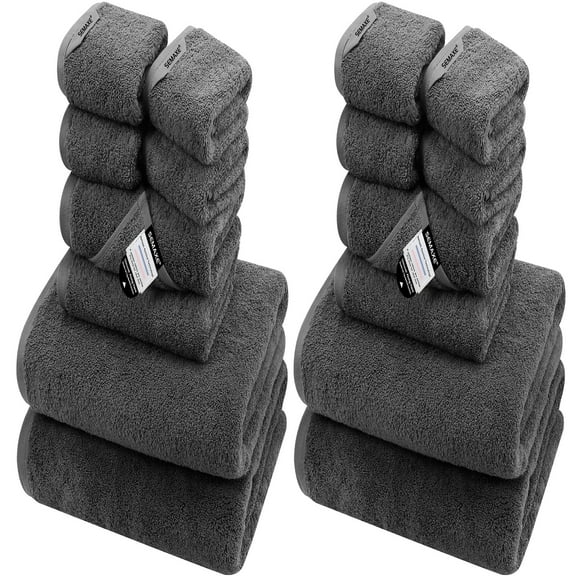 SEMAXE 16 Pack Gray Cotton Bath Towel Set for Bathroom, 4 Bath Towels, 4 Hand Towels & 8 Washcloths