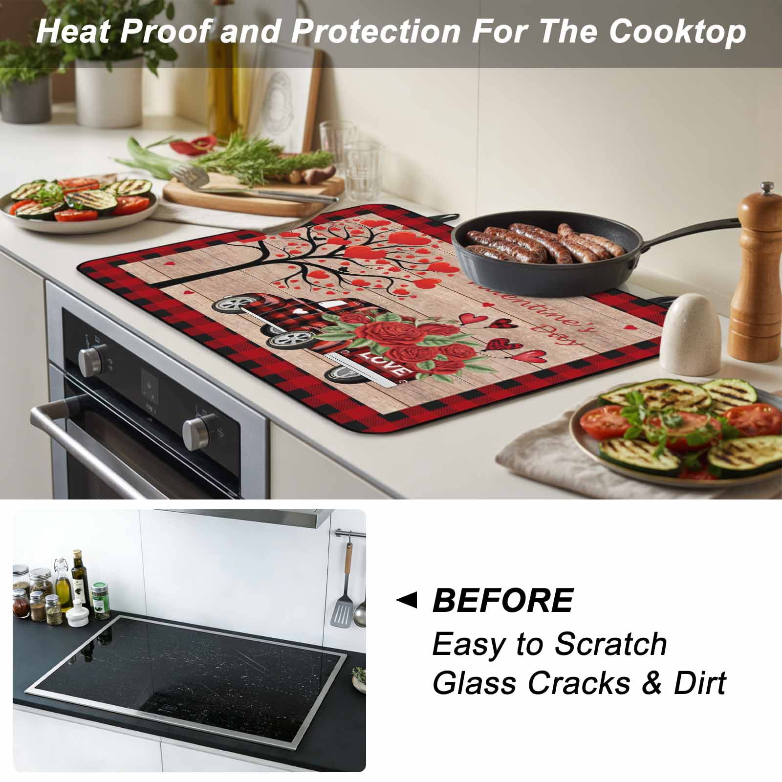 Roses Valentine's Day Stove Top Cover for Electric Stove, Heat-proof & Non Slip Glass Top Stove Cover Protector, Love Heart Truck Wooden Vintage Kitchen Flat Cooktop Rubber Mat 24x21 Inches