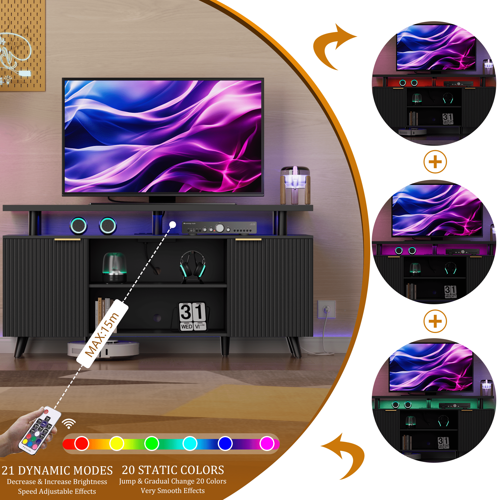 Laintene TV Stand for 65" TV, LED Entertainment Center with Adjustable Shelves, Storage Cabinets & Power Outlets, Fluted TV Console for Living Room, Black Finish