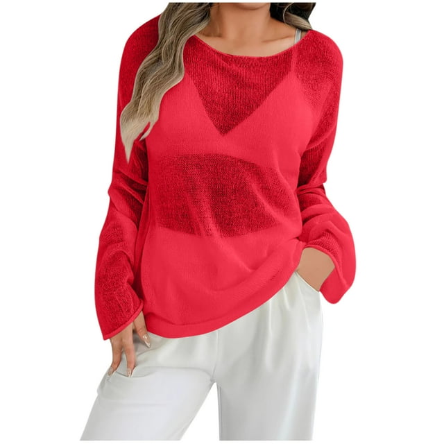 aidice T-Shirts d'Été pour Femmes Minces à Col Rond à Manches Longues Hauts Amples Confortables Décontractés en Tricot T-Shirts