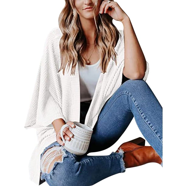 Sonducket Suéter abierto frontal para mujer, cárdigan de punto suelto de poliéster, manga 3/4, ropa informal de primavera y otoño, blanco, L Prendas para la parte del cuerpo Blanco S