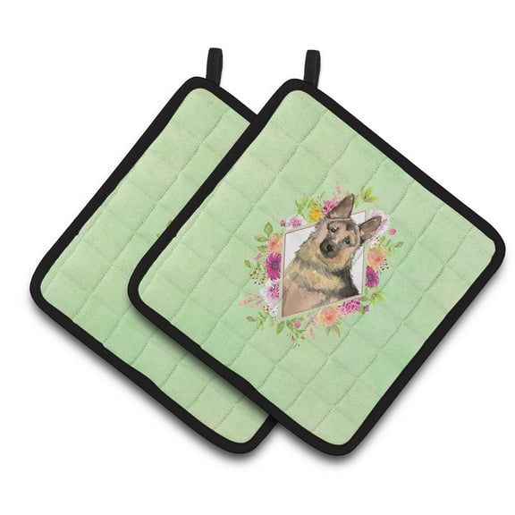 German Shepherd Green Flowers Pair of Pot Holders