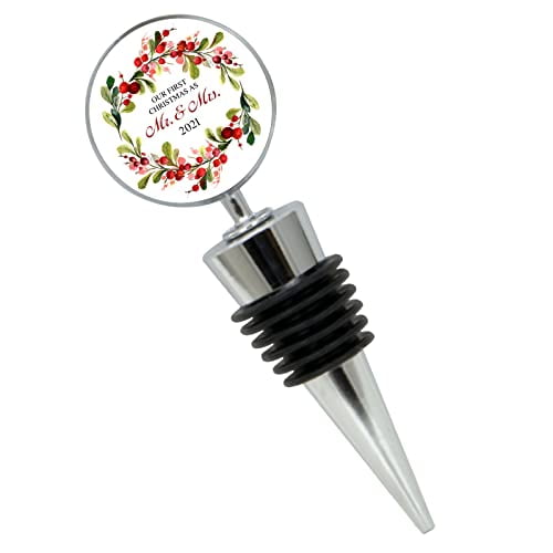 Our 1St Christmas As Mr. And Mrs. 2021 Holly Wine Bottle Stopper In Gift Box, Perfect For House Warming Gift