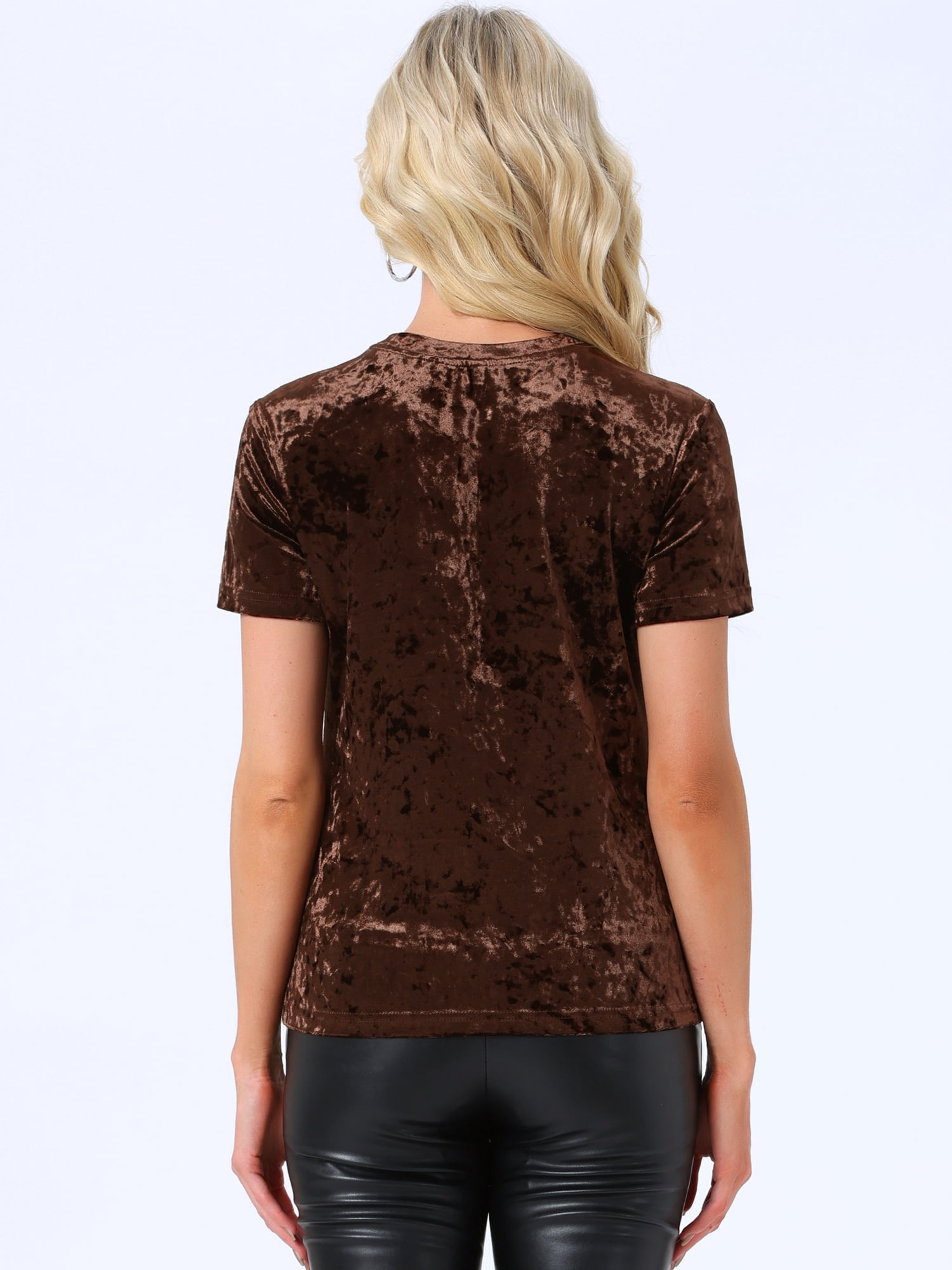 DARING DIVA Women's Christmas Velvet Top Crew Neck Short Sleeve T-Shirt S Dark Brown
