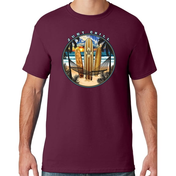 Mens Manu Bay Surf Company JUST CHILL SURFING T-shirt, 2XL Maroon