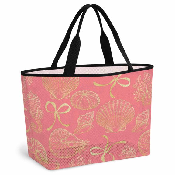 Ocean Conch Shell Beach Bag for Women, Large Breathable Mesh Beach Tote Bag, Coastal Seahorse Coral Bows Retro Pink Sandproof Lightweight Travel Bags for Vacation Picnic Swimming Pool