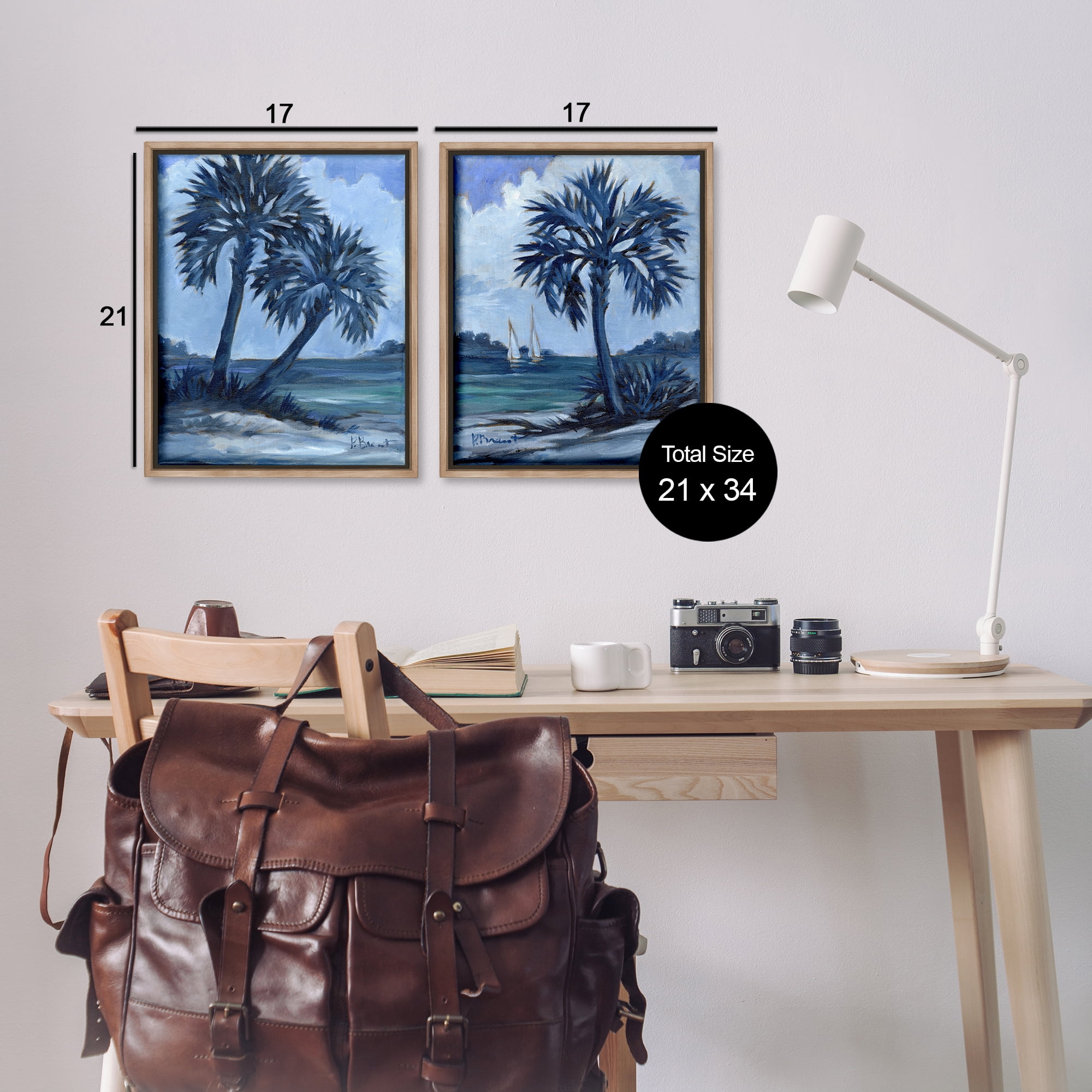 Stupell Industries Impressions of Indigo Palms Nautical & Beach Painting Brown Floater Framed Canvas Art Print Wall Art, 17 x 21, Set of 2