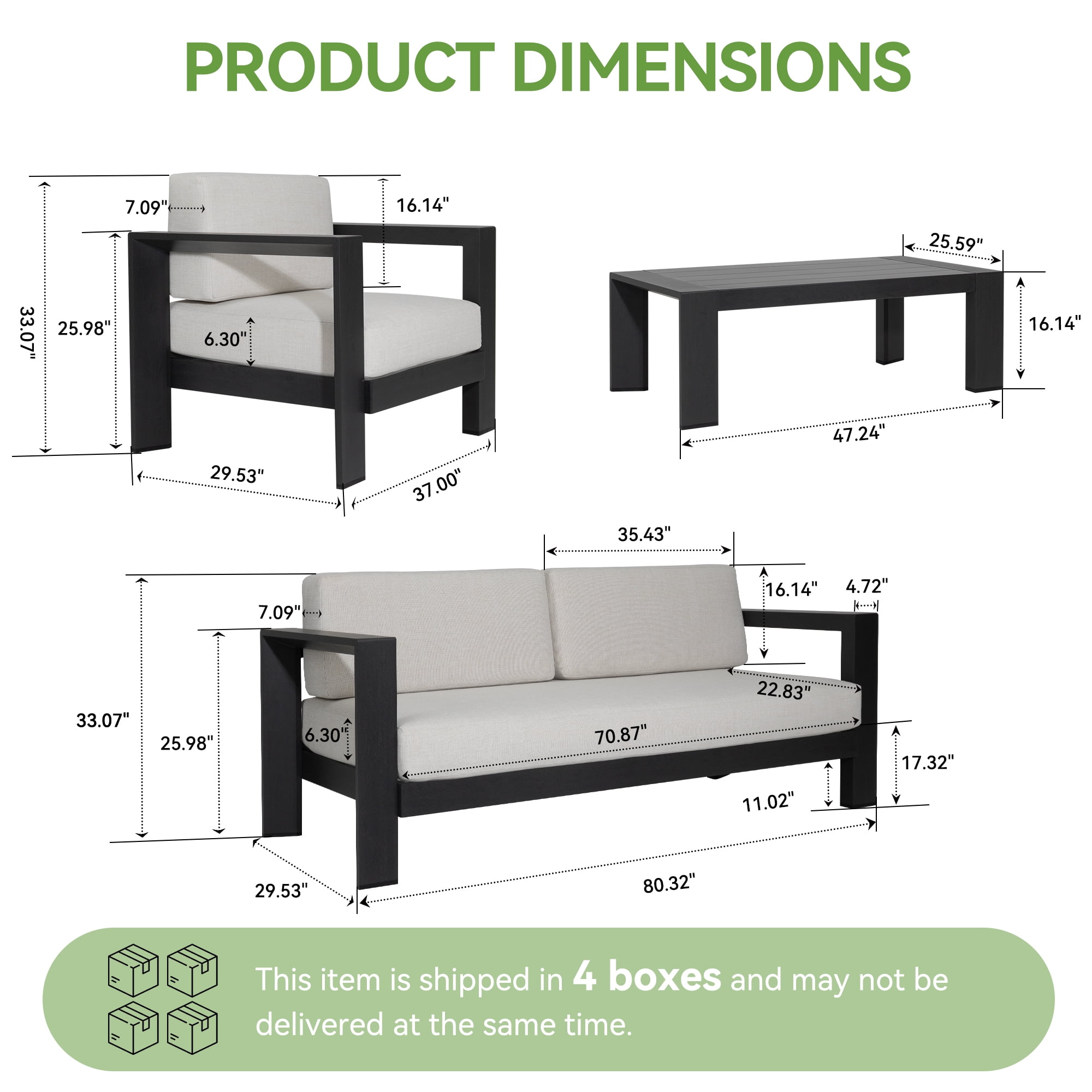 FHVIT Aluminum Patio Furniture Set 4-Piece Oversized Outdoor Furniture Set with Washable Thick Cushions, Coffee Table for Porch, Balcony, Deck, Yard