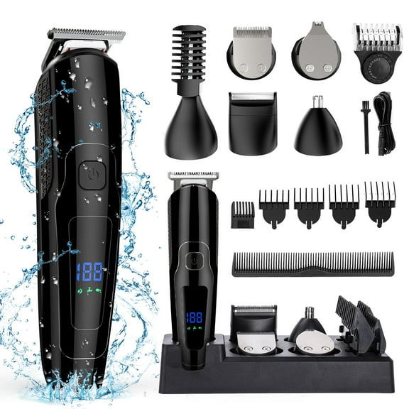 Hair Clipper for Men, All in One Grooming Kit IPX7 Waterproof, Cordless Electric Beard Trimmer, USB Rechargeable Body Mustache Nose Ear Facial Cutting Groomer for Wet/Dry W/ LED Display, Storage Dock
