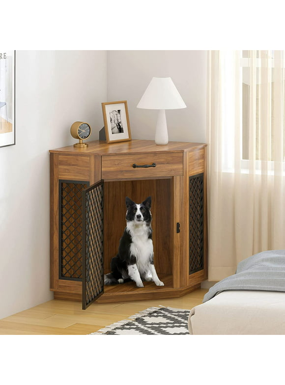 Soges Dog Crate Furniture with Drawer, Corner Kennel with Mesh Door, Wooden Dog House for Small/Medium Dog