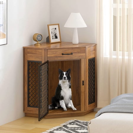 Soges Dog Crate Furniture with Drawer  Corner Kennel with Mesh Door  Wooden Dog House for Small/Medium Dog