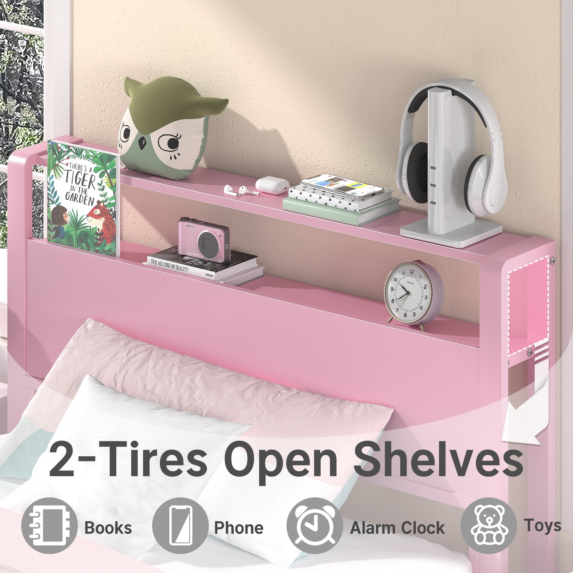 Yoneston 12" Twin Metal Bed Frame with 2-Tire Storage Headboard for Girls, Heavy Duty Platform Bed Frame Bedroom Furniture, Pink
