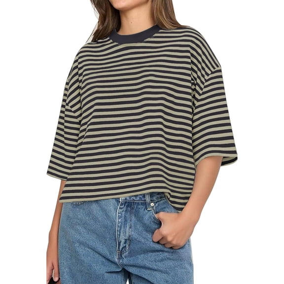 Gynyvoja Womens Oversized Striped T Shirts Short Sleeve Casual Crewneck Summer Y2K Clothes &Navy Blue S