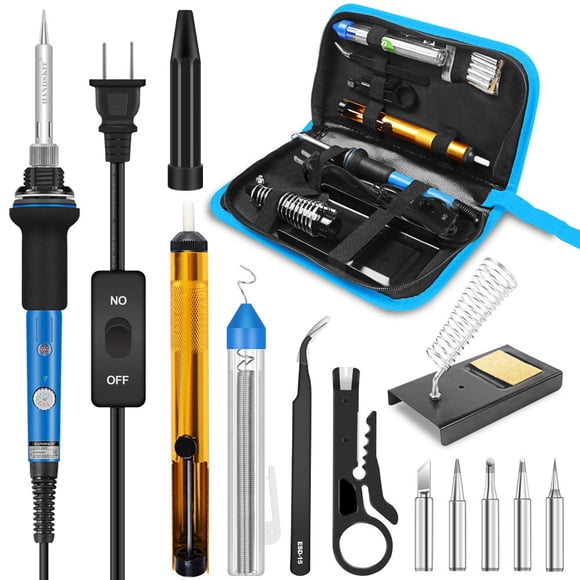 HANDSKIT Kit de Fer à Souder, Outil de Soudage à Température Réglable 60 W, Pointe de Fer à Souder 5 Pcs, Support de Fer à Souder, Pompe de Désosdrage, Pinces, Fil à Souder, Sac de Transport