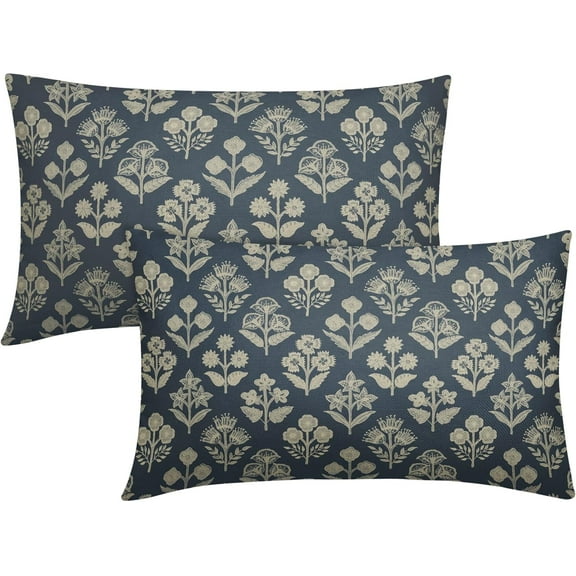 Dusty Blue Pillow Covers 12x20 Inch Set of 2, Cream Floral Block Print Pattern Lumbar Decorative Throw Pillowcases Outdoor Farmhouse Rectangle Cushion Covers Spring Summer Sofa Couch Bed Decor