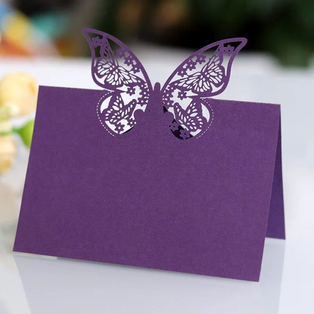 Tarjetas de nombre y lugar con patrón de mariposa, Decoración de mesa de boda, Mensaje de nombre, tarjeta de felicitación, suministros para fiestas de cumpleaños, 50 piezas