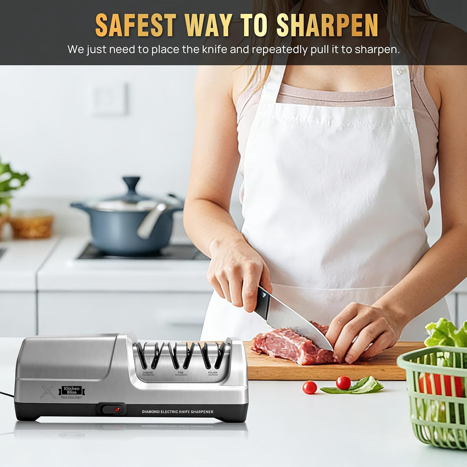 Electric Knife Sharpener with Metal Dust Box - 3-Stage  Sharpening System for Straight and Serrated Knives