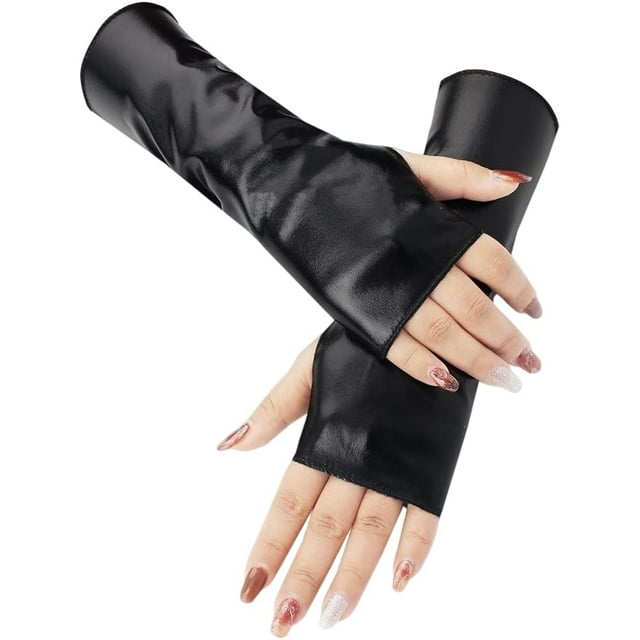 Guantes cortos de piel sintética sin dedos, negros, brillantes, metálicos, para escenario de rock, elásticos, estilo gótico punk, media palma, para vestir, calentadores de brazos y mangas.