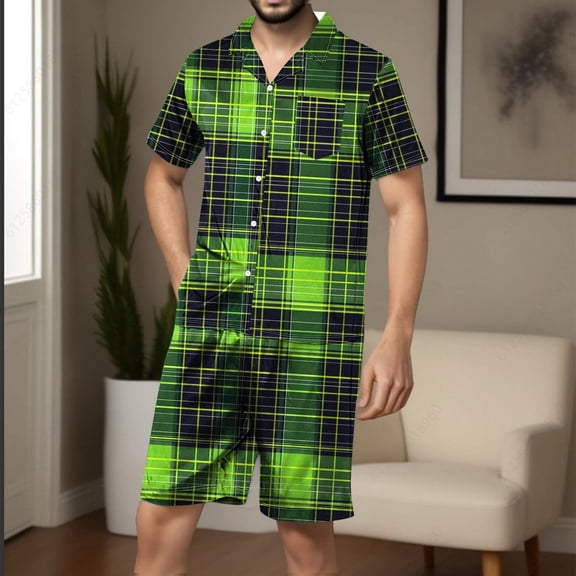 uublik Men Pajama Set Short Sleeve Button Down Pjs Set, Green