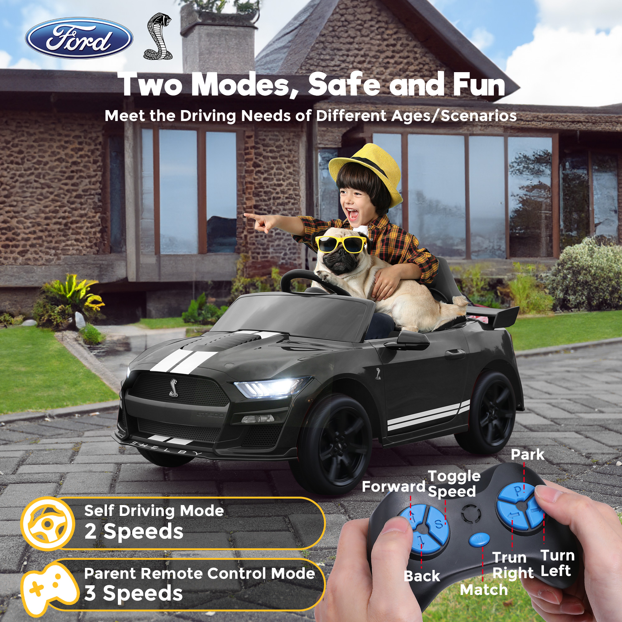 FUNTOK Licensed Ford Mustang GT500 12V 7AH Kids Electric Ride on Car Toy,16" Seater Battery Powered Car Truck with Remote Control,Bluetooth,3 Speeds,LED Headlight,Music Player & Spring Suspension