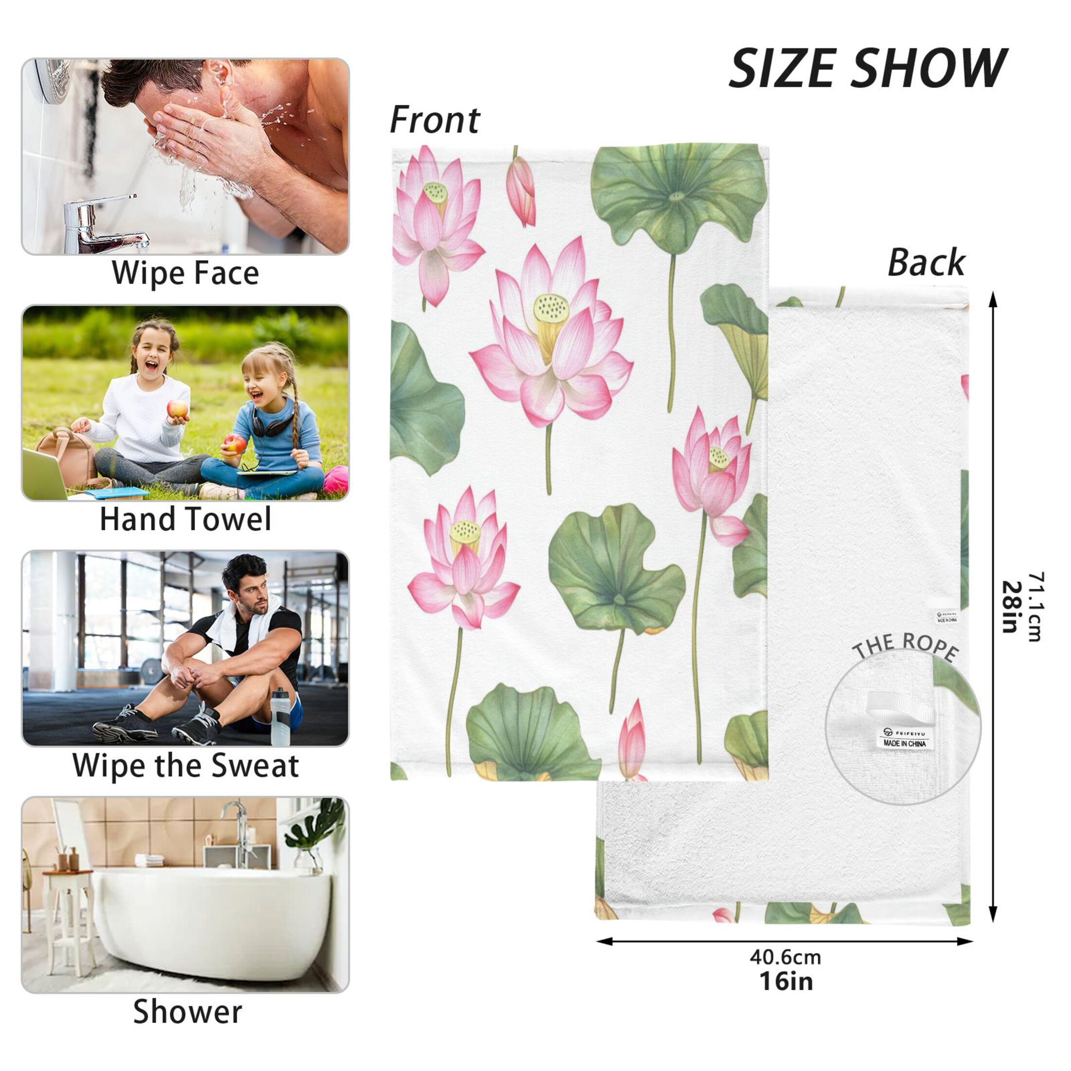 2 Pcs Absorbent Face Towel Bath Hand Towels Soft Breathable Cotton Towel Set for Bathroom Kitchen Hotel Spa Decor Pink Lotus Flowers