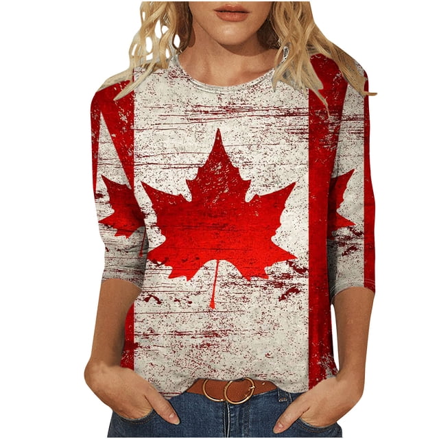 Mujeres 3/4 Manga Tops Y Blusas Canadá Impresión Cuello Redondo Suéter, Top de Moda Casual, Tops de Moda de las Mujeres