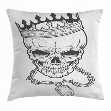 King Throw Pillow Cushion Cover, Sketchy Skull with Crown Hip Hop Street Style Necklace Chain Gem Image Print, Decorative Square Accent Pillow Case, 18 X 18 Inches, Black and White, by Ambesonne