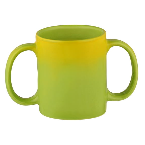 Ceramic Dual Handle Mug for Secure Hold to Aid Tremors , Capacity 11.83 US Fl. Oz. (350 Ml) - Green and Yellow Color