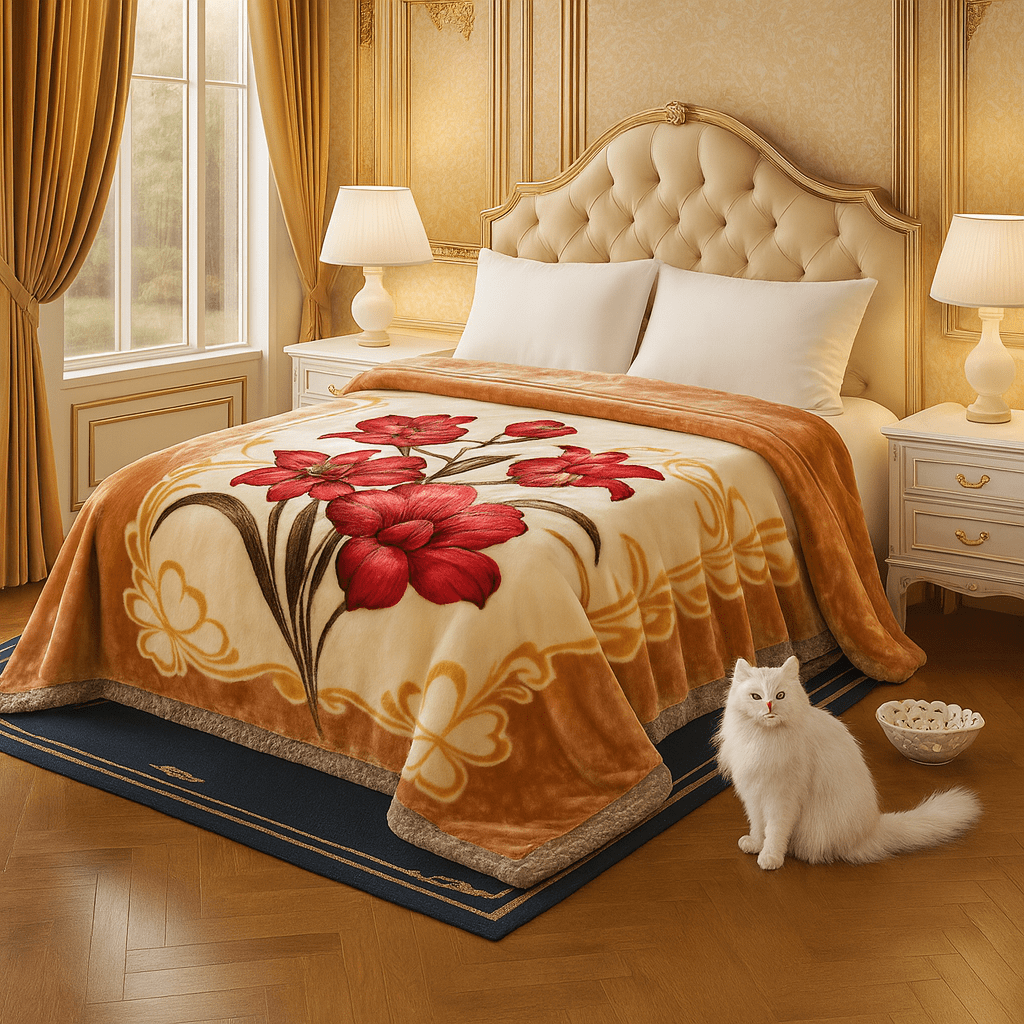 DBOZE Heavyweight Korean Mink Blanket, Ultra Soft 2-Ply Reversible Plush Fleece Bed Blanket, Warm Raschel Winter Blanket for King Size Bed, Orange Floral