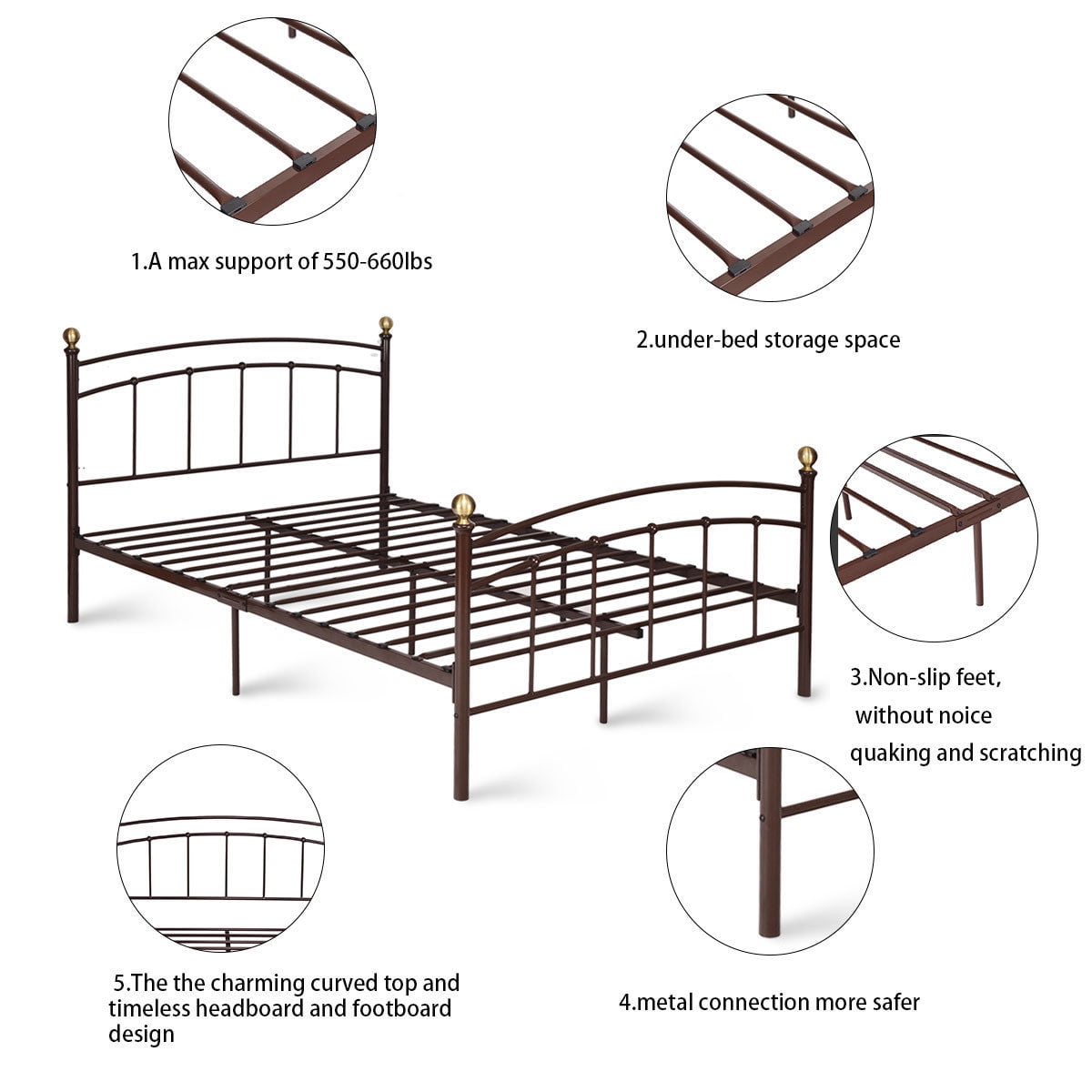 Ghp 400 Lbs Capacity 83 X61 X40 Chocolate Iron Queen Size Bed Frame With Headboard