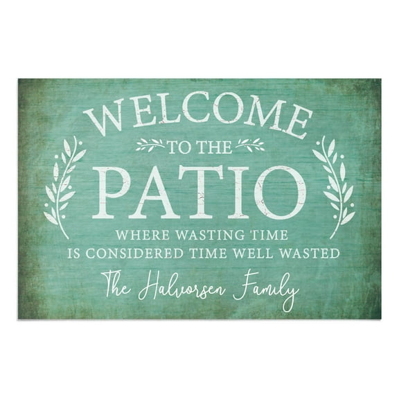 Personalized Planet 27x18 Welcome To The Patio Where Wasting Time is Considered Time Well Wasted Doormat with Custom Name Printed on Blue Rectangular 1/8” Thick Non Slip Mat