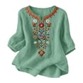 thumbnail image 2 of Qulqfy Embroidered Womens Tops 3/4 Sleeve Fall Casual Floral Mint Green Tunic Henley V-Neck Cute Comfy Shirts L, 2 of 8