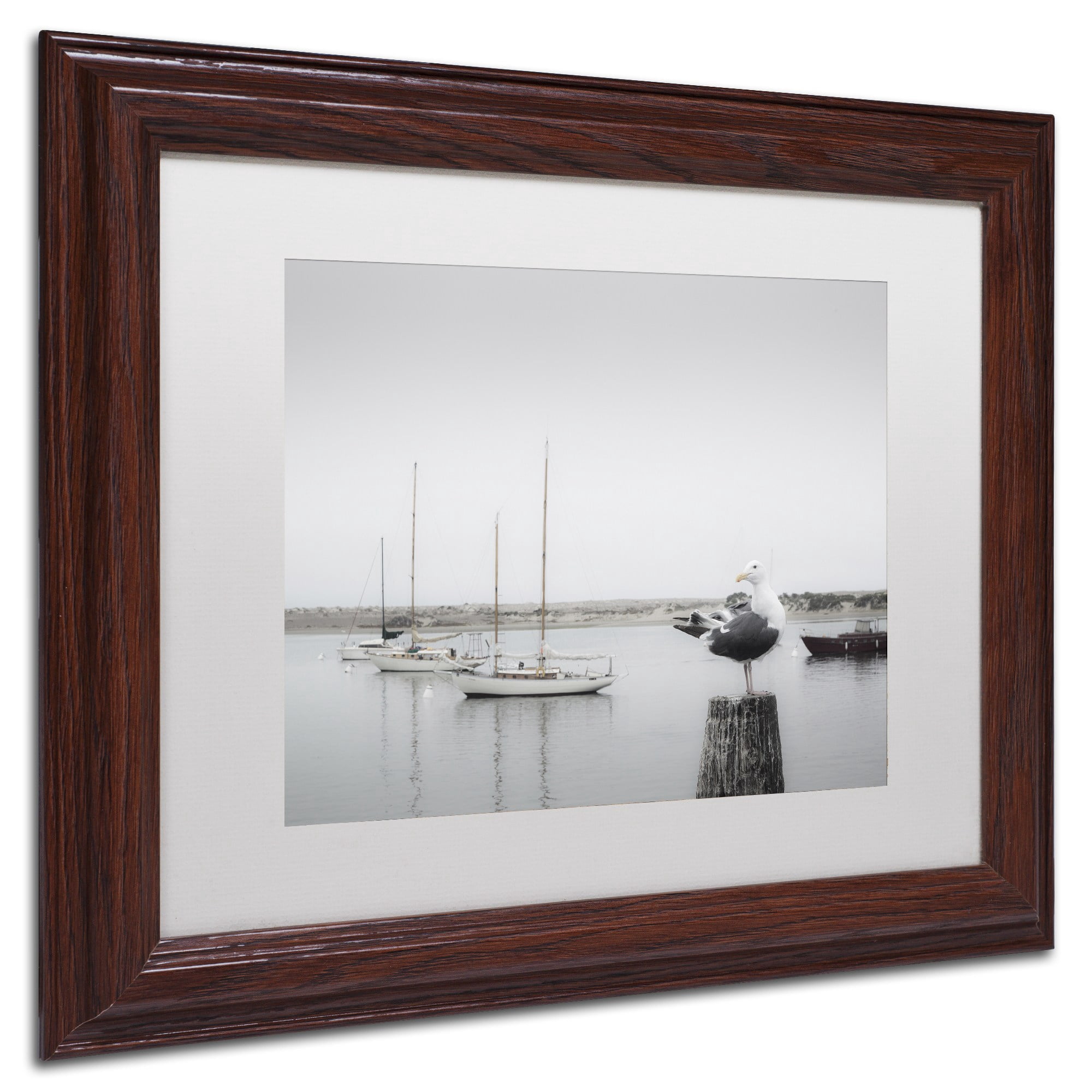 Trademark Fine Art "Four Boats and Seagull" Canvas Art by Moises Levy White Matte, Wood Frame