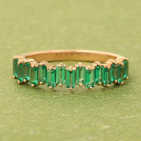 Unique Baguette Cut Emerald Wedding band, Yellow gold plated silver wedding band, Half Eternity Stacking Band, Promise ring, Anniversary ring for women