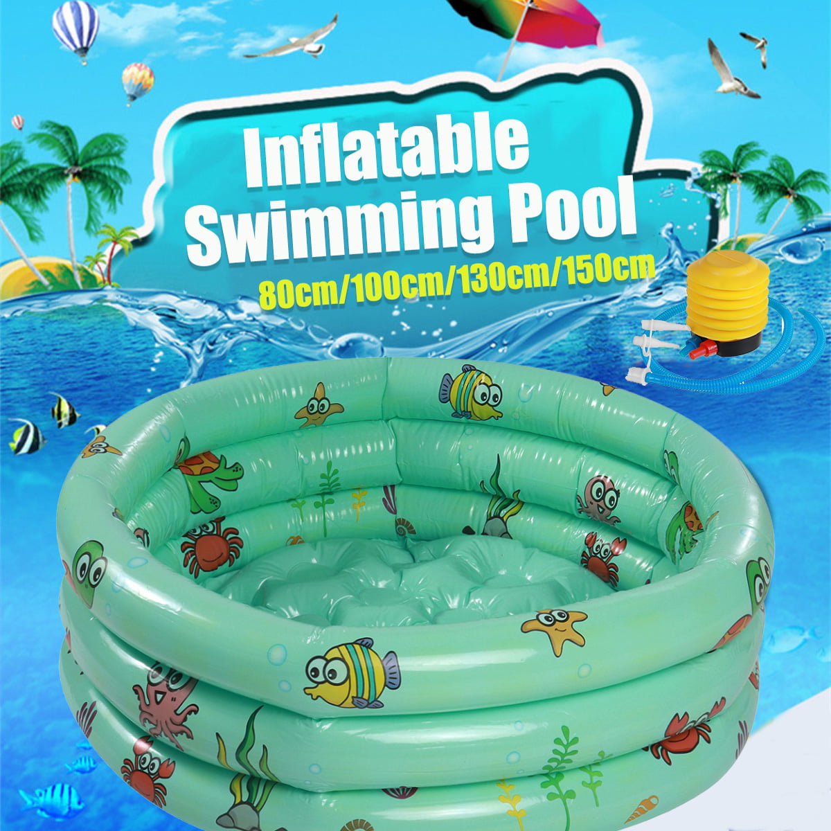 Beach Ball & Swim Ring Full Fun Set Kids Inflatable 3 Ring Paddling Pool 132cm 