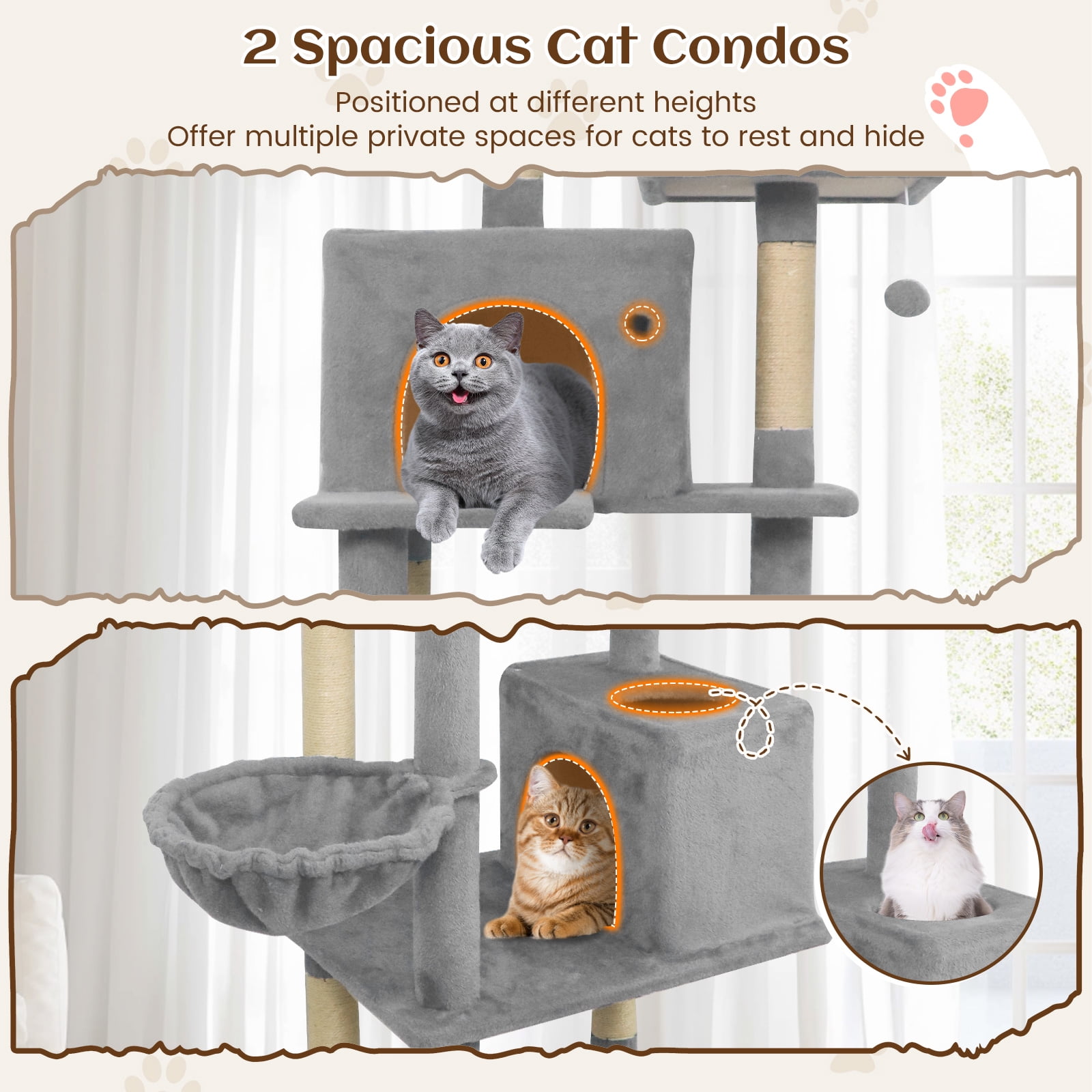 Gymax 80'' Tall Cat Tree w/2 Condos Sisal Scratching Posts Plush Perch Hammock Basket Light Gray