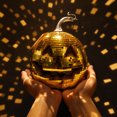 thumbnail image 5 of Halloween Sparkling Mirror Glass Pumpkin Decor High Gloss Reflective Tile Ornament Faux Stem Pumpkin Statue for Tabletop Mantel Fall Harvest Home Decoration, 5 of 7