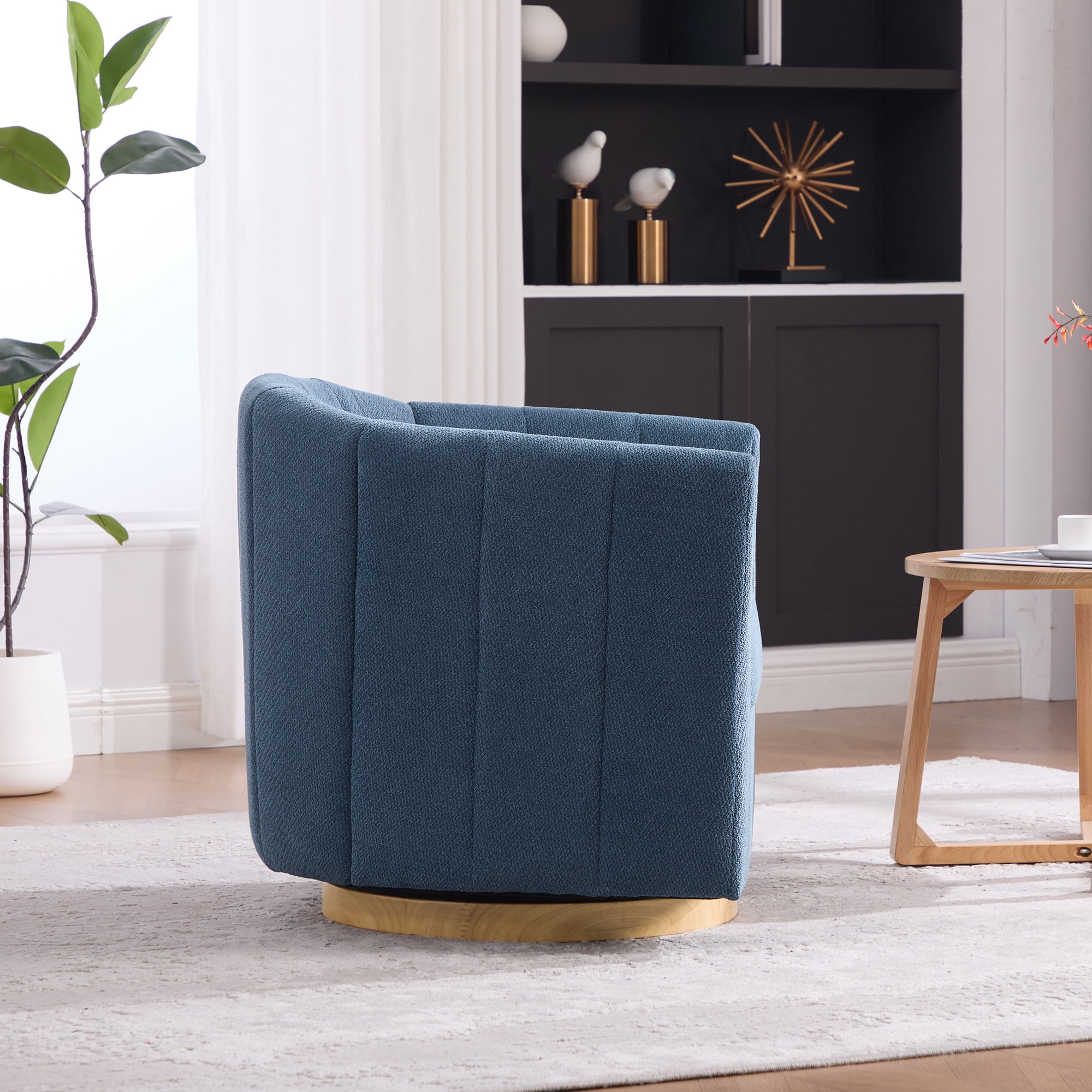 Leumius Swivel Barrel Chair with Solid Wood Base, Comfy Channel Tufted Accent Round Armchair, Single Club Sofa for Living Room Bedroom Reading Nook Corner Apartment, Blue