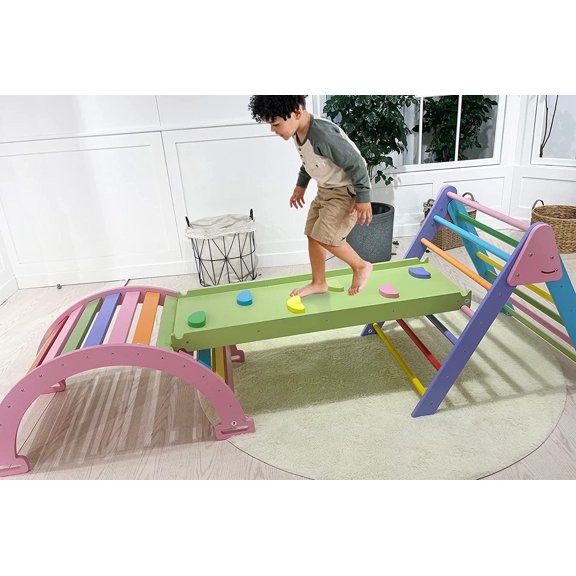 Avenlur Indoor Gym Playset 4-in-1 Foldable Triangle Ladder, Rock Climbing Ramp, Montessori Set Arch Climber, Rocker, Waldorf Toy Structure, Playground for Toddlers 18m-6yrs (Rainbow)