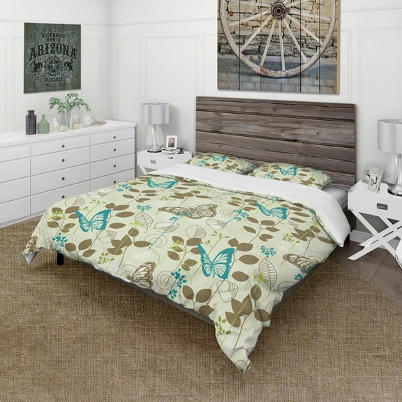 Designart 'Vintage Blue Butterfly on Brown Leaves Background' Abstract Duvet Cover Set