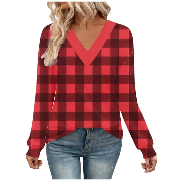 Ltctricy Women's Long Sleeve T Shirts V Neck Plaid Plus Size Tunic Tops Soft Casual Tees Loose Trendy Blouses(Red,X-Large)