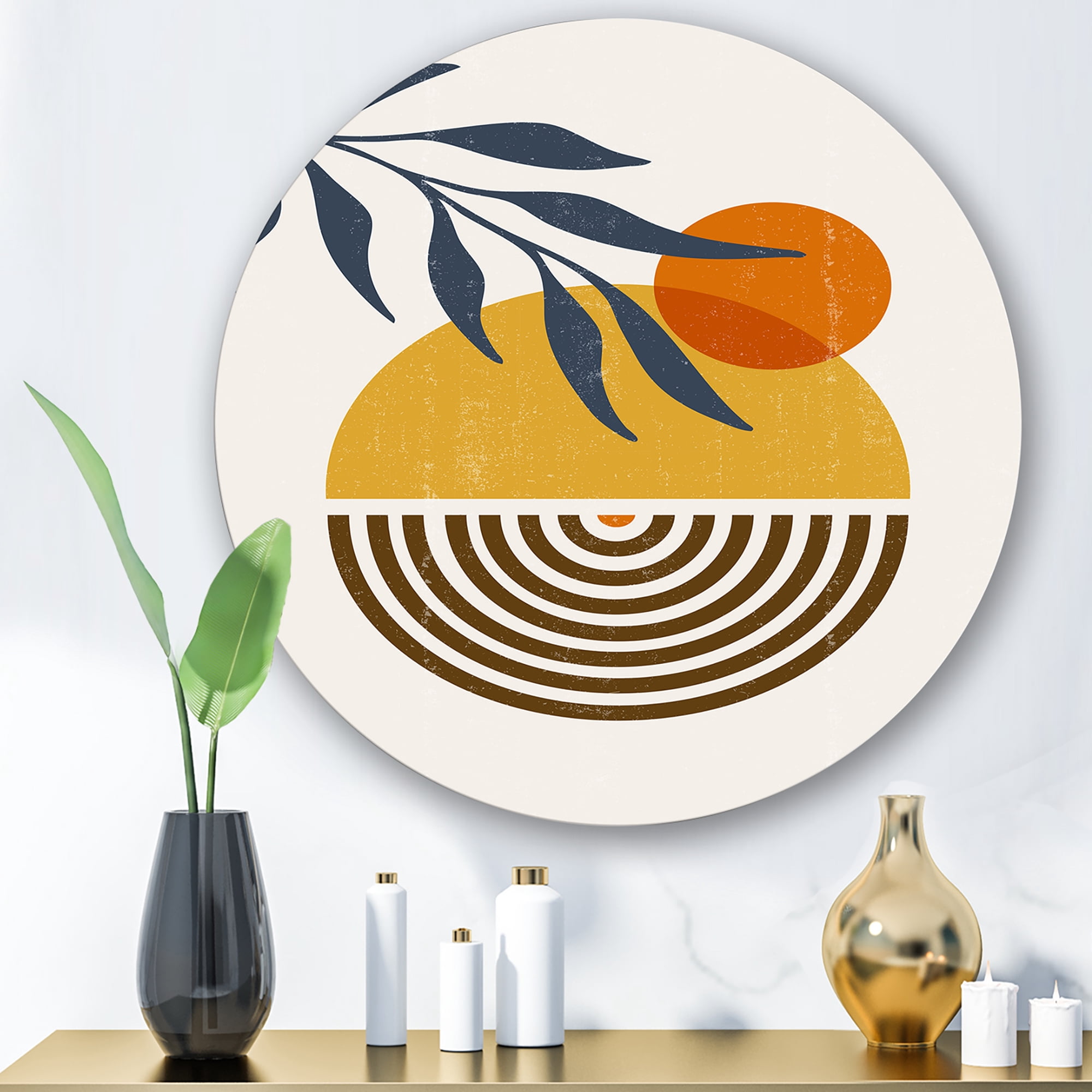 Designart 'Abstract Shapes With Botanical Minimalist Leaf IV' Modern Circle Metal Wall Art 11x11 - Disc of 11