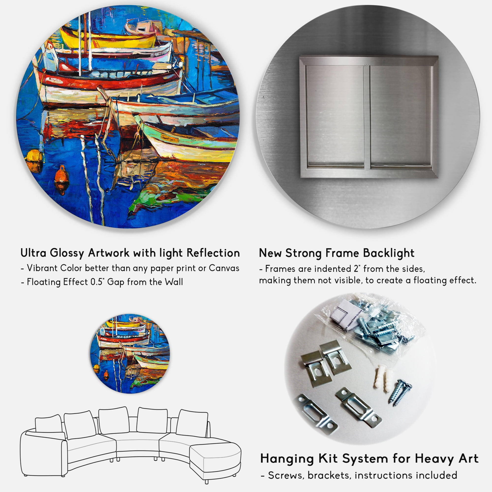 Designart 'Boats Near Coastal Town Resting On The Water II' Nautical & Coastal Circle Metal Wall Art 36x36 - Disc of 36