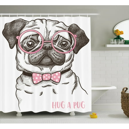 Oversized Shower Curtain Pug Shower Curtain, Cute Pug with Pink Bow Tie and Oversized Glasses Hand Drawn Domesticated Animal, Fabric Bathroom Set with Hooks, 69W X 70L Inches, Black Pink White, by Ambesonne ()