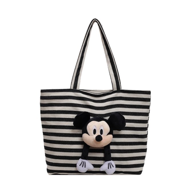 Bolso de mano a rayas de gran capacidad para mujer, bolsa de lona con dibujos animados de Mickey, nueva moda, 2024