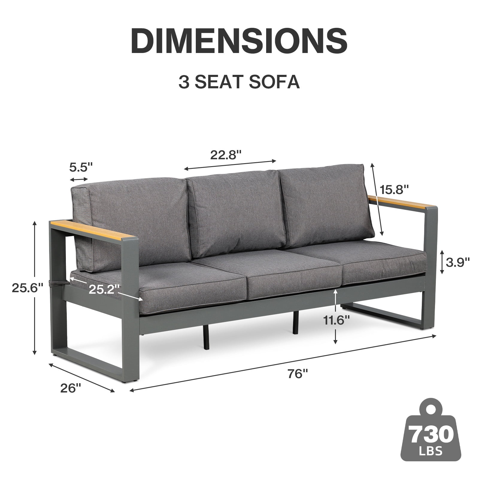 Aoodor 3-Seater Patio Aluminum Sofa Set, Deep Seat Metal Outdoor Couch with Thick All-Weather Cushions, Grey Conversation Furniture