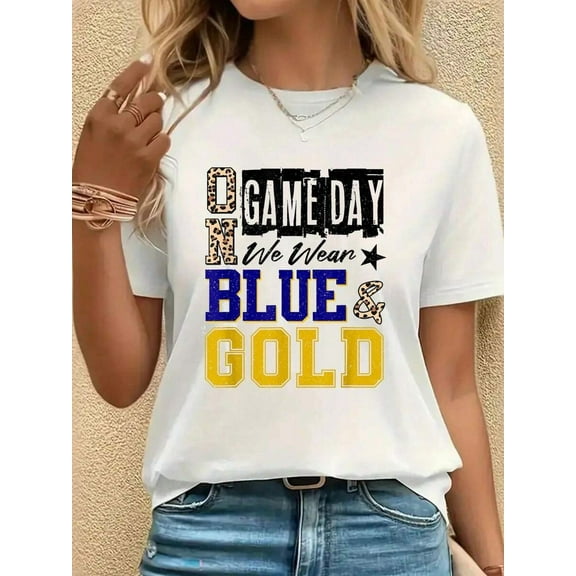 On Gameday Football We Wear Blue And Gold School Spirit T-Shirt, Casual Crew Neck Short Sleeved Summer Top,White T-Shirt