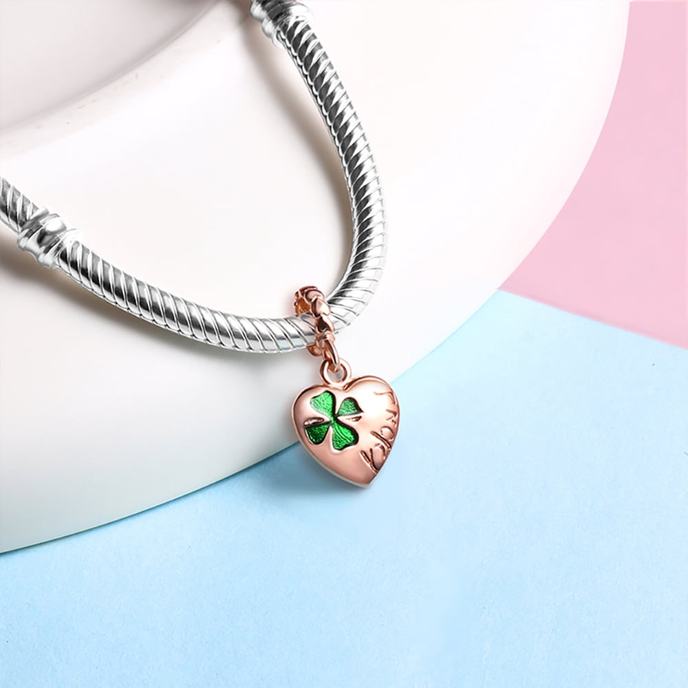Heart Lucky Clover Charm European Bead Rose Gold Plated Sterling Silver Ginger Lyne Collection